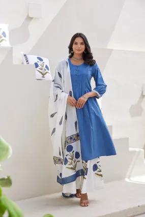 Blue Floral Printed Cotton Silk Palazzo Set