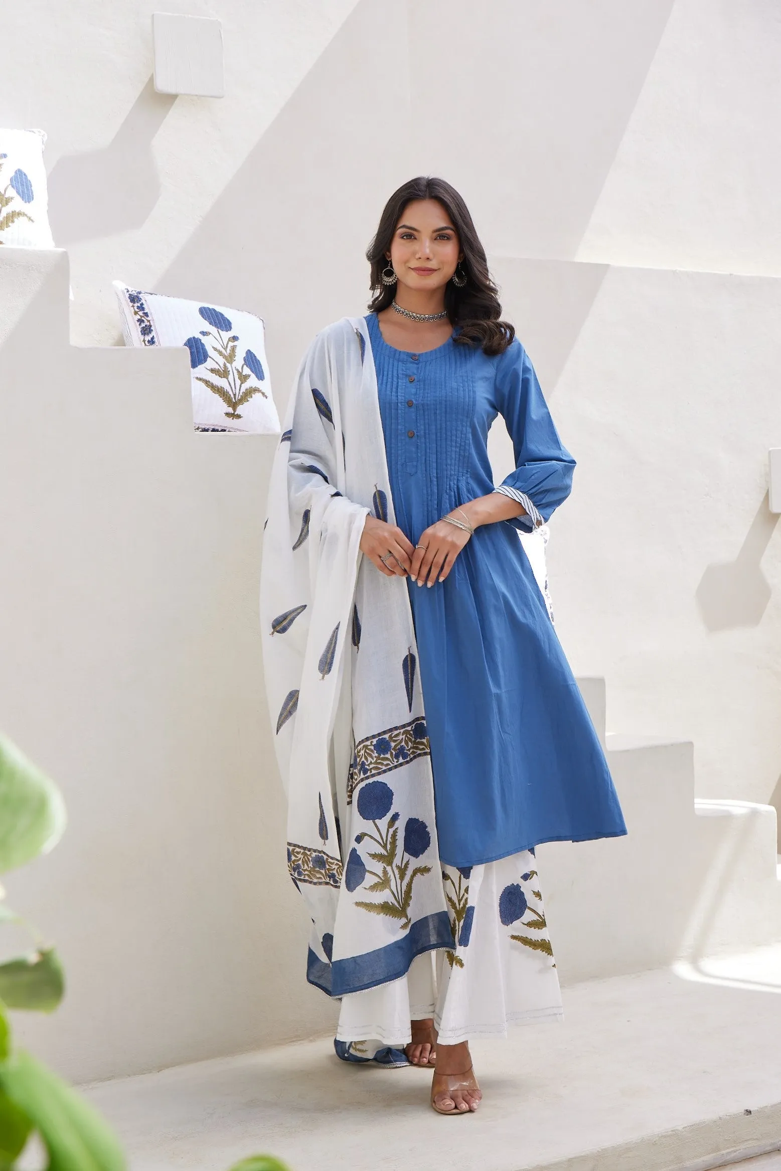 Blue Floral Printed Cotton Silk Palazzo Set