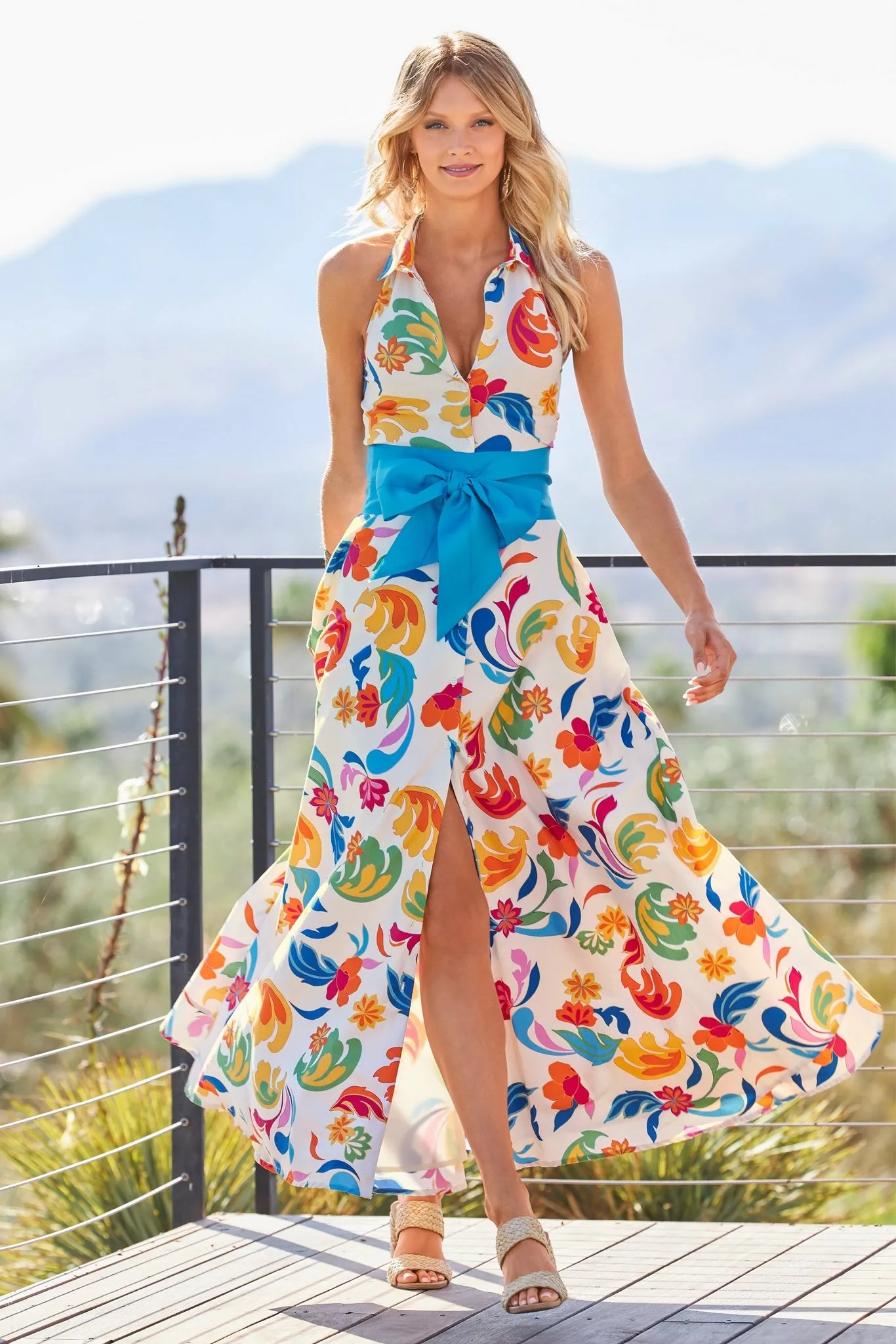 Bright Print Halter Belted Maxi Shirt Dress Multi