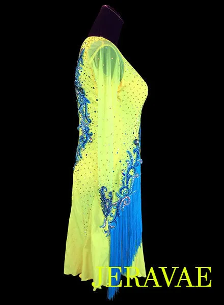 Bright Yellow and Blue Rhythm Dress with fringe LAT034 sz Medium