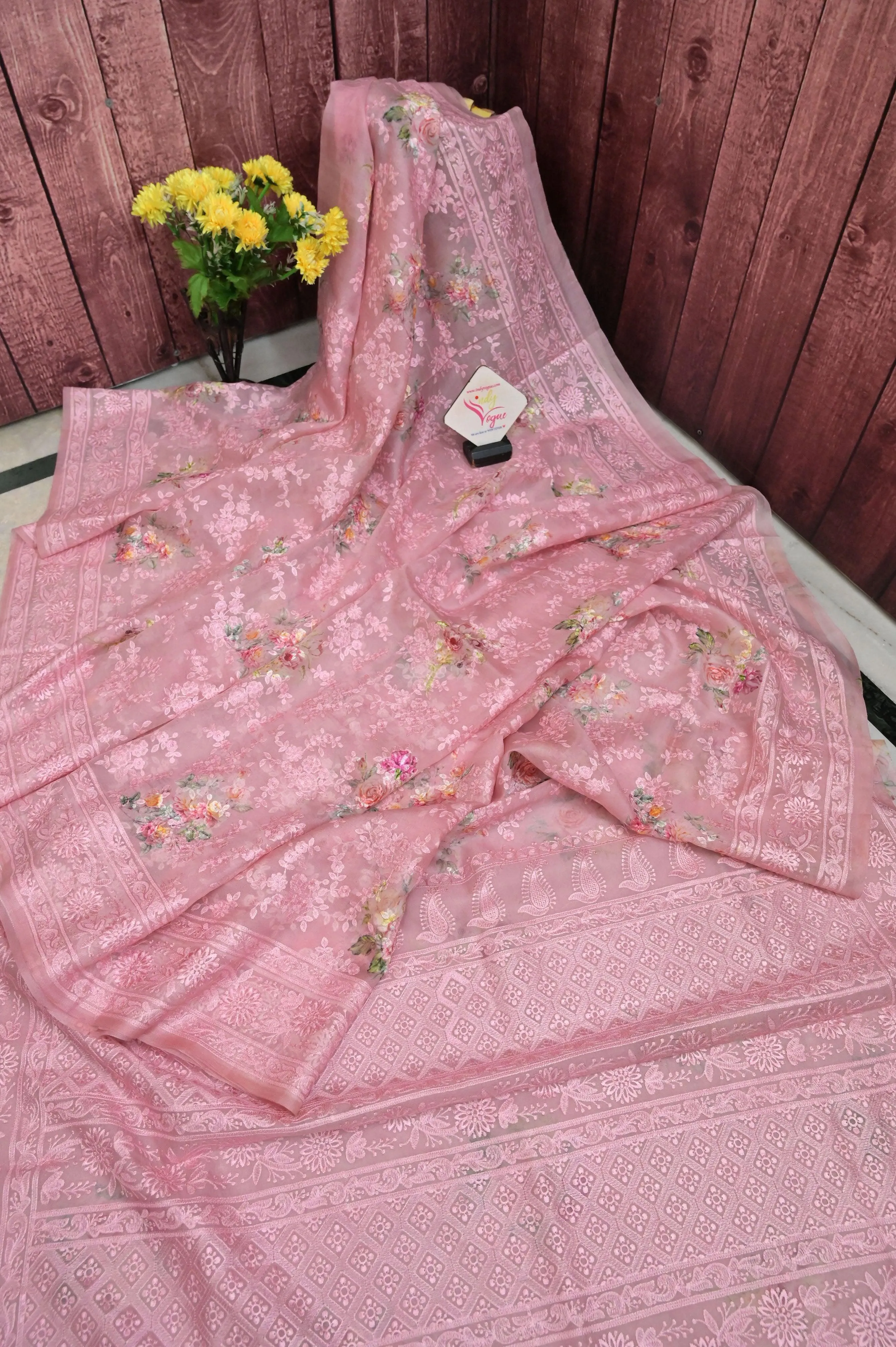 Candy Pink Color Organza Saree with Digital Print and Chikankari