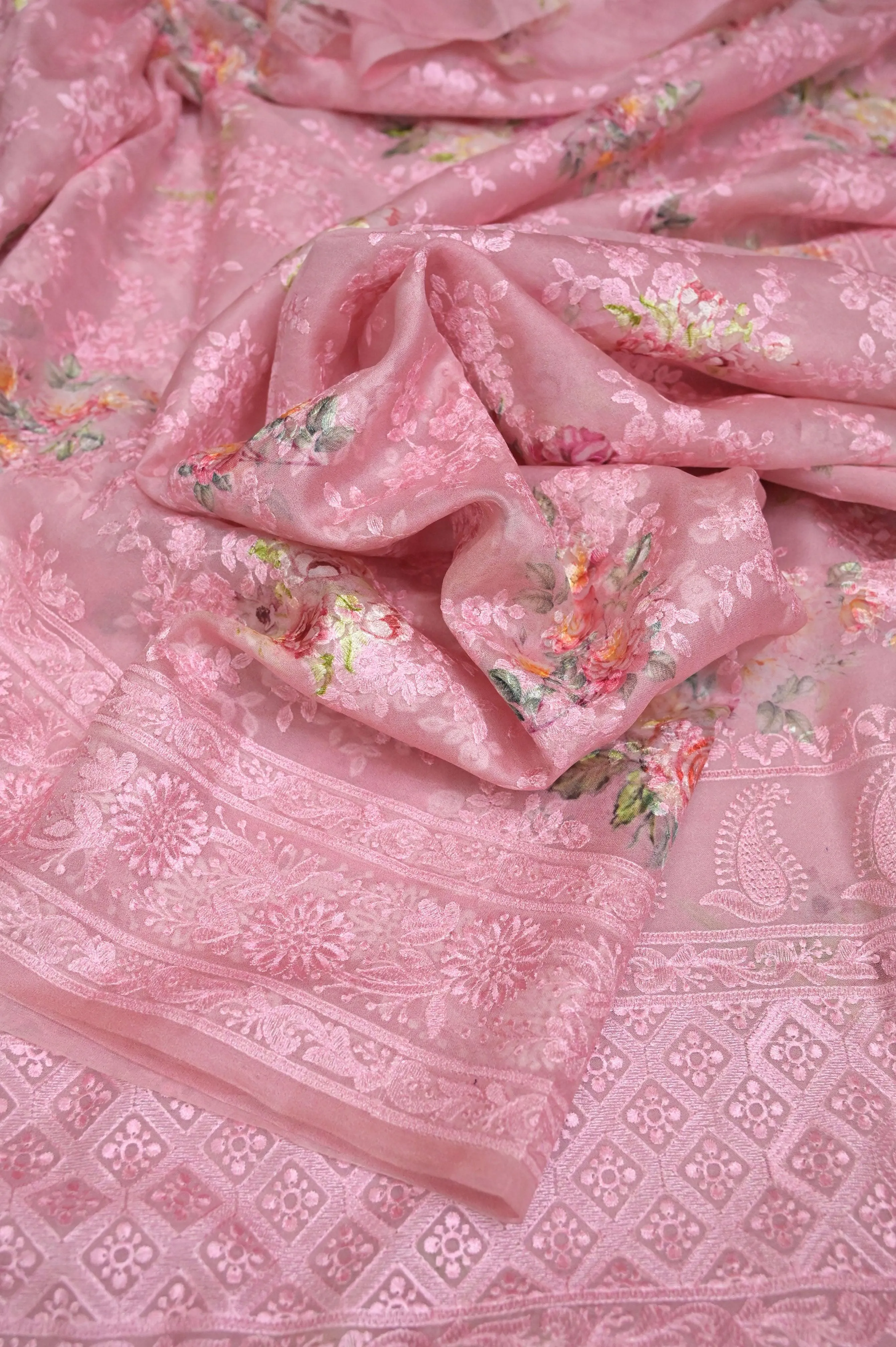 Candy Pink Color Organza Saree with Digital Print and Chikankari