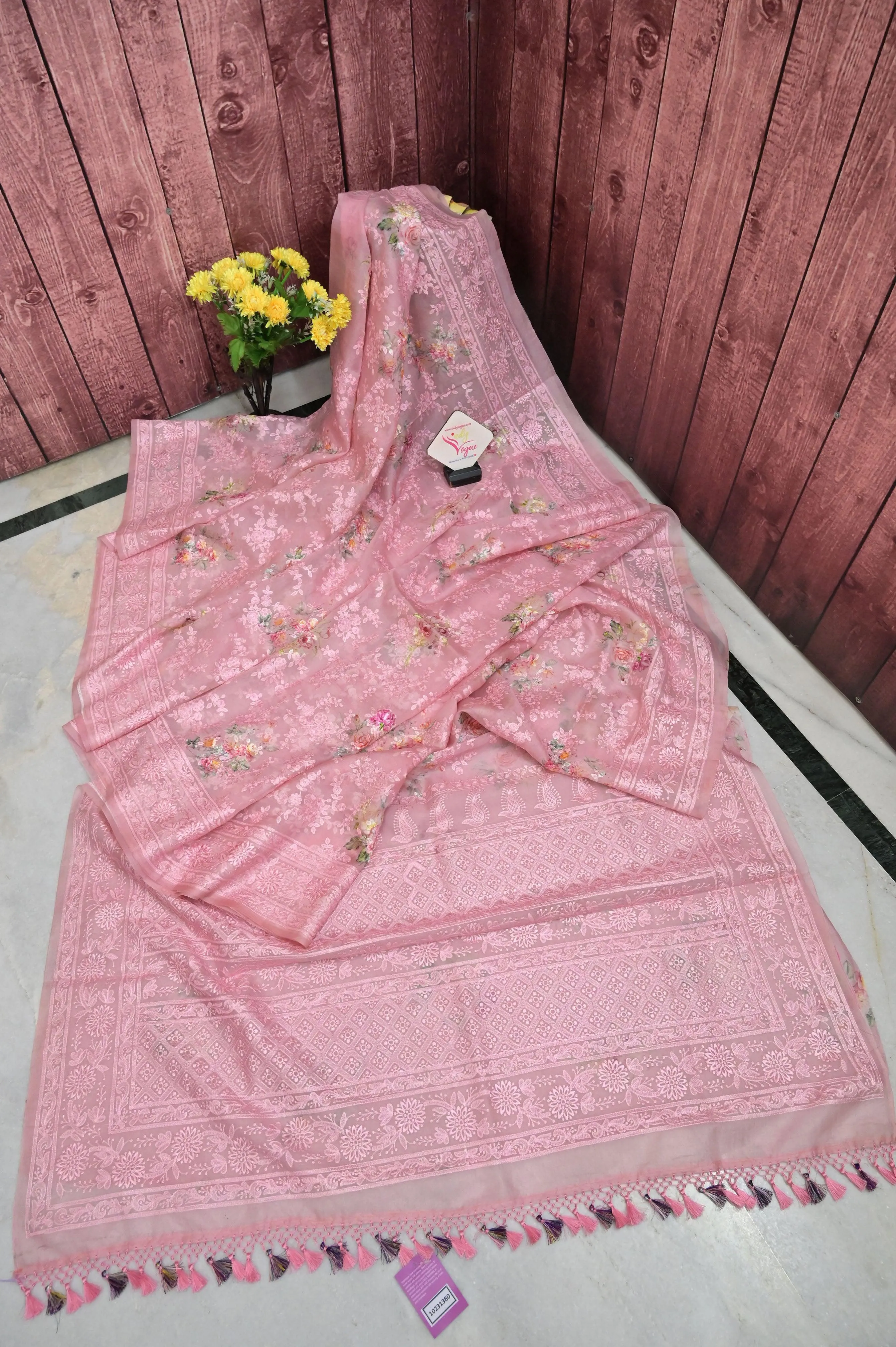 Candy Pink Color Organza Saree with Digital Print and Chikankari