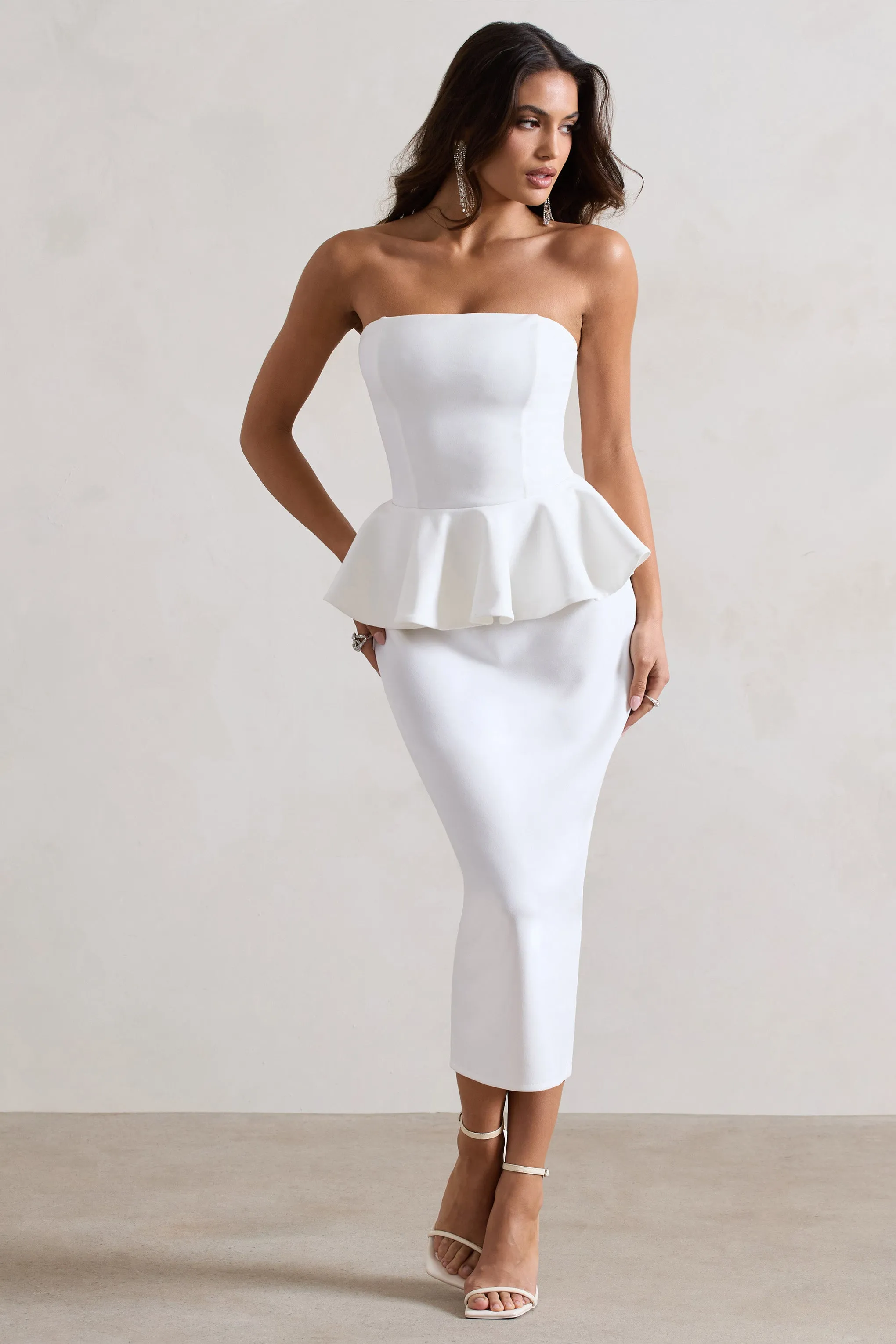 Chicago | White Bodycon Bandeau Midi Dress With Peplum Detail