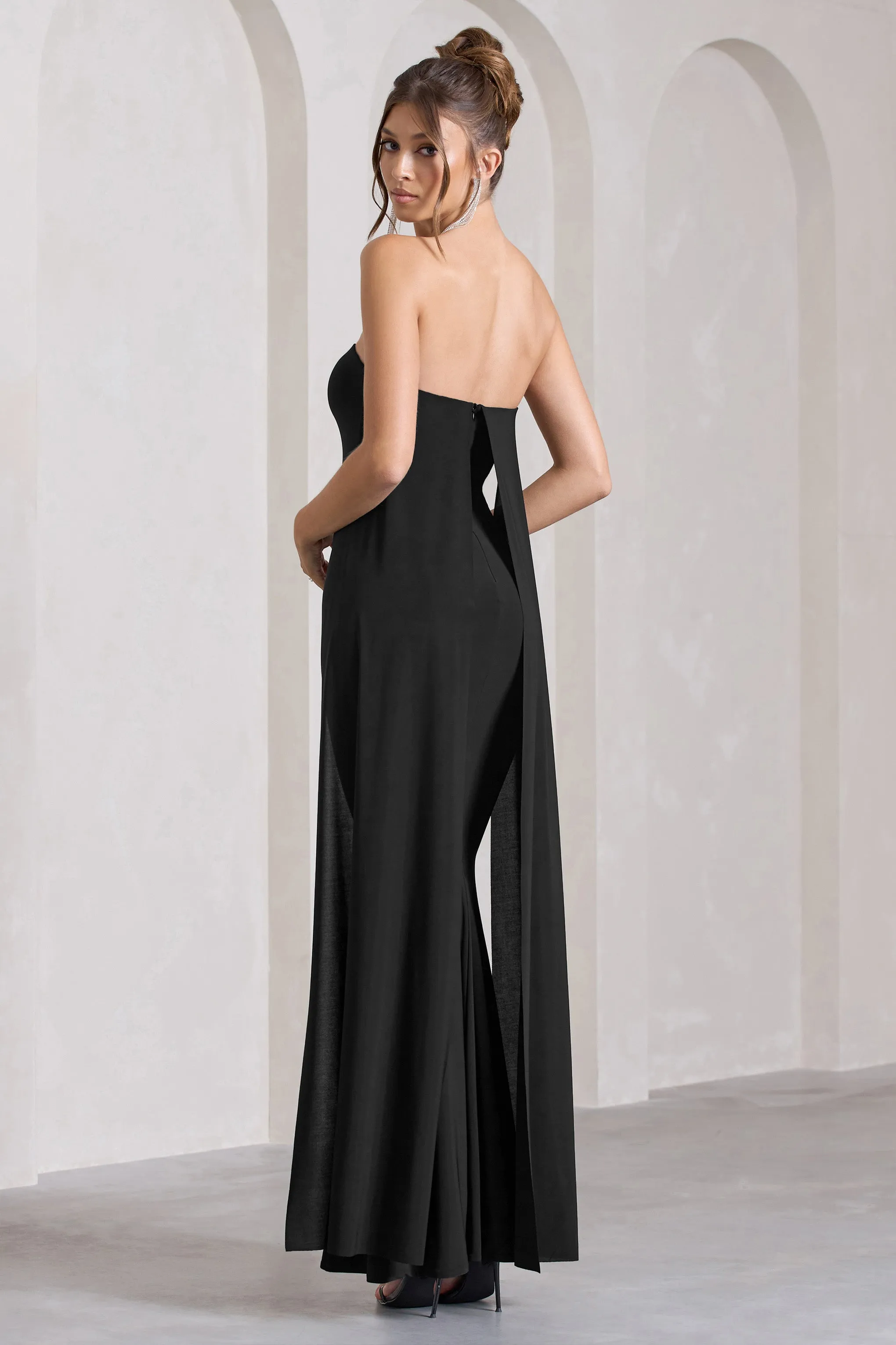 Christina | Black Bandeau Sleeveless Maxi Dress With Cape