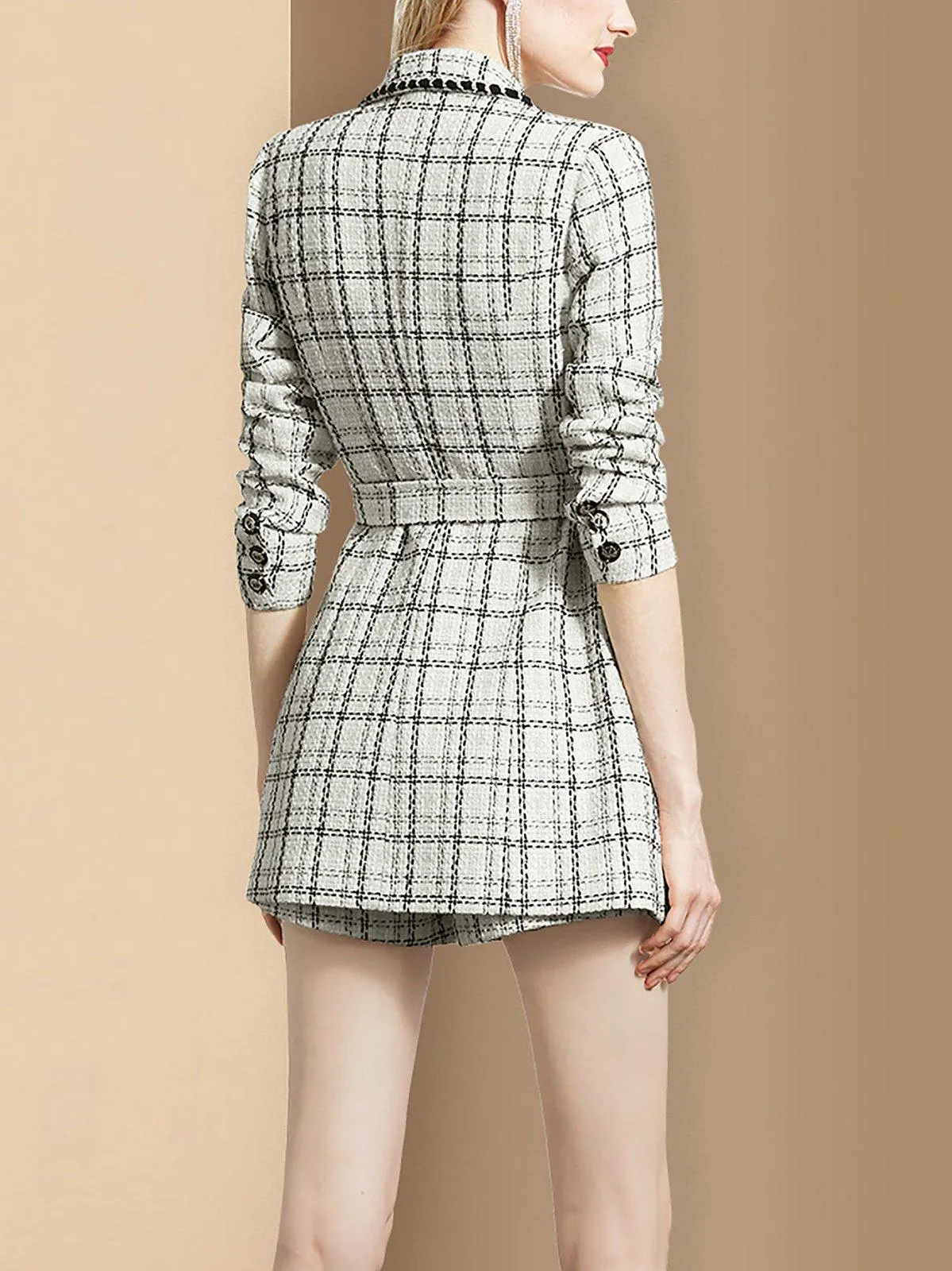 Classic Plaid Single Breasted Belted Blazer & Mini Shorts Set