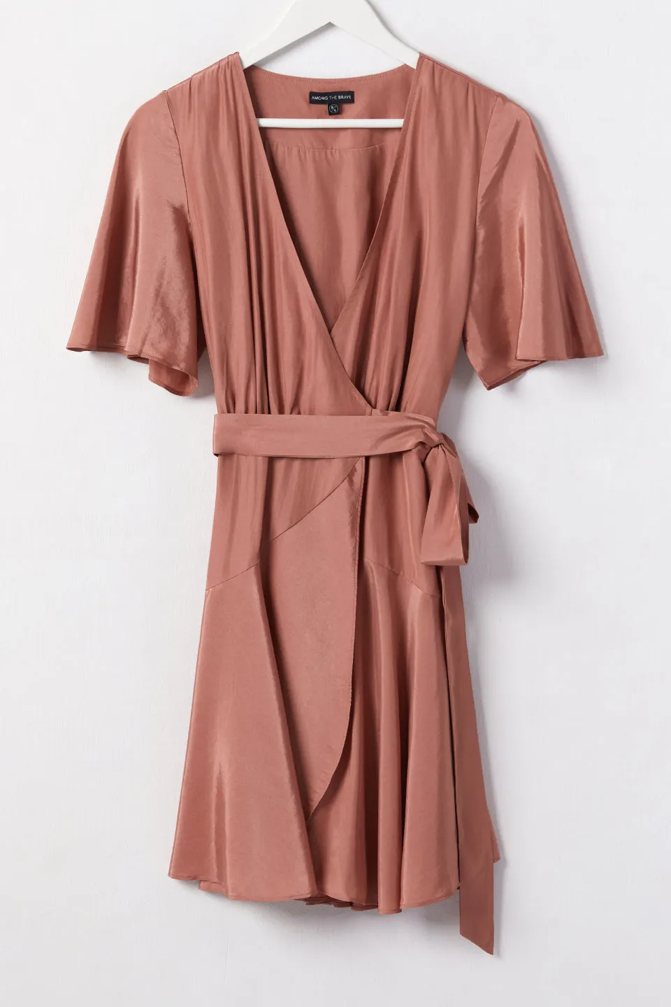 Confidence Terracotta Flutter Sleeve Washer Satin Wrap Dress