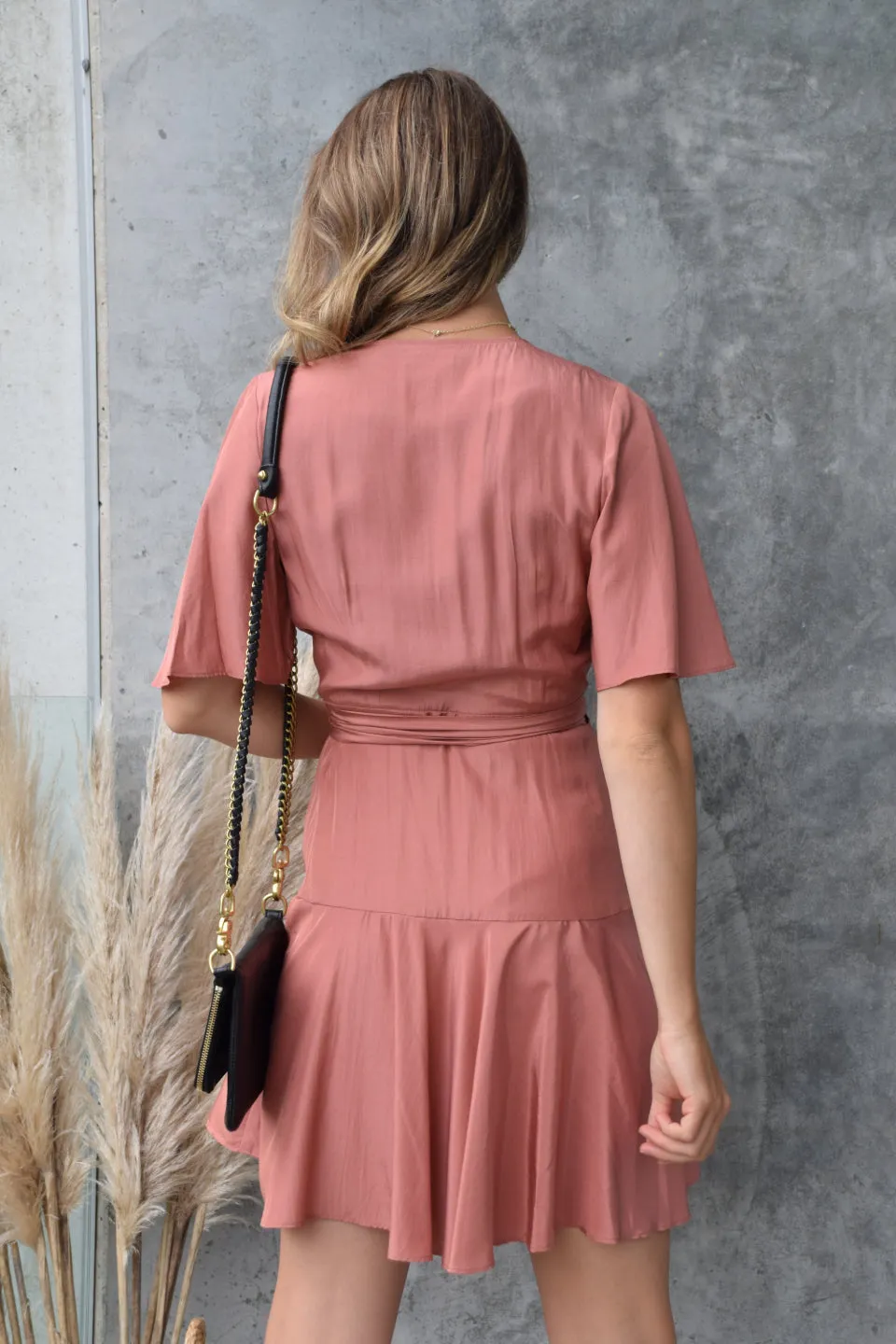 Confidence Terracotta Flutter Sleeve Washer Satin Wrap Dress