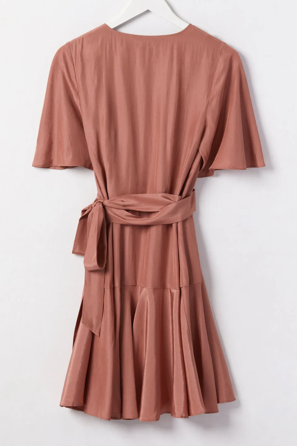 Confidence Terracotta Flutter Sleeve Washer Satin Wrap Dress