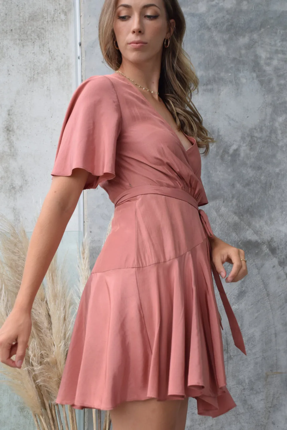 Confidence Terracotta Flutter Sleeve Washer Satin Wrap Dress