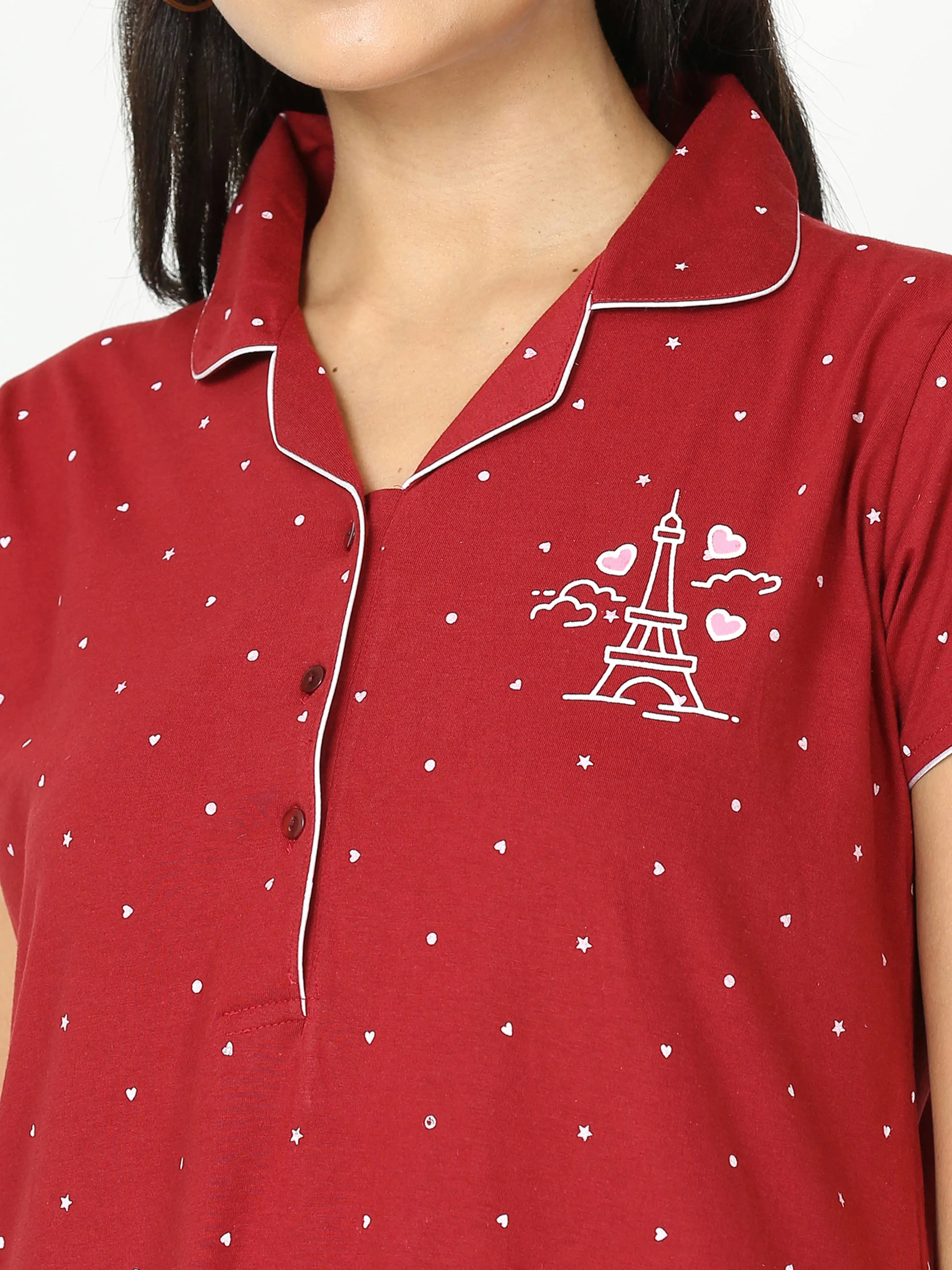 Cotton Blend Collar Nighty Maroon