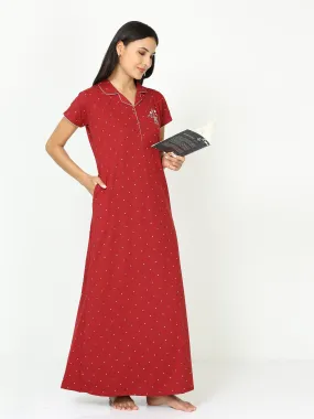 Cotton Blend Collar Nighty Maroon