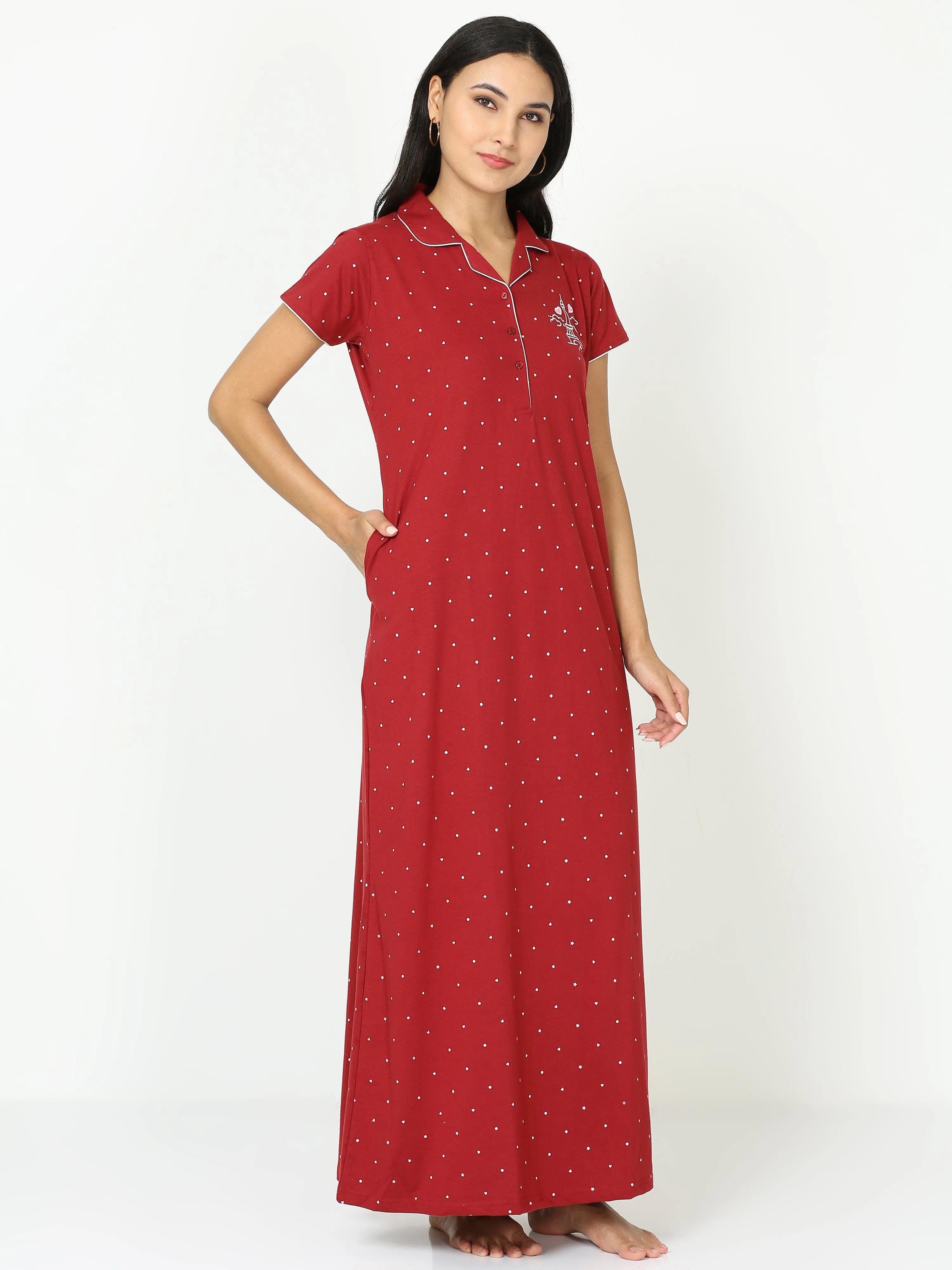 Cotton Blend Collar Nighty Maroon