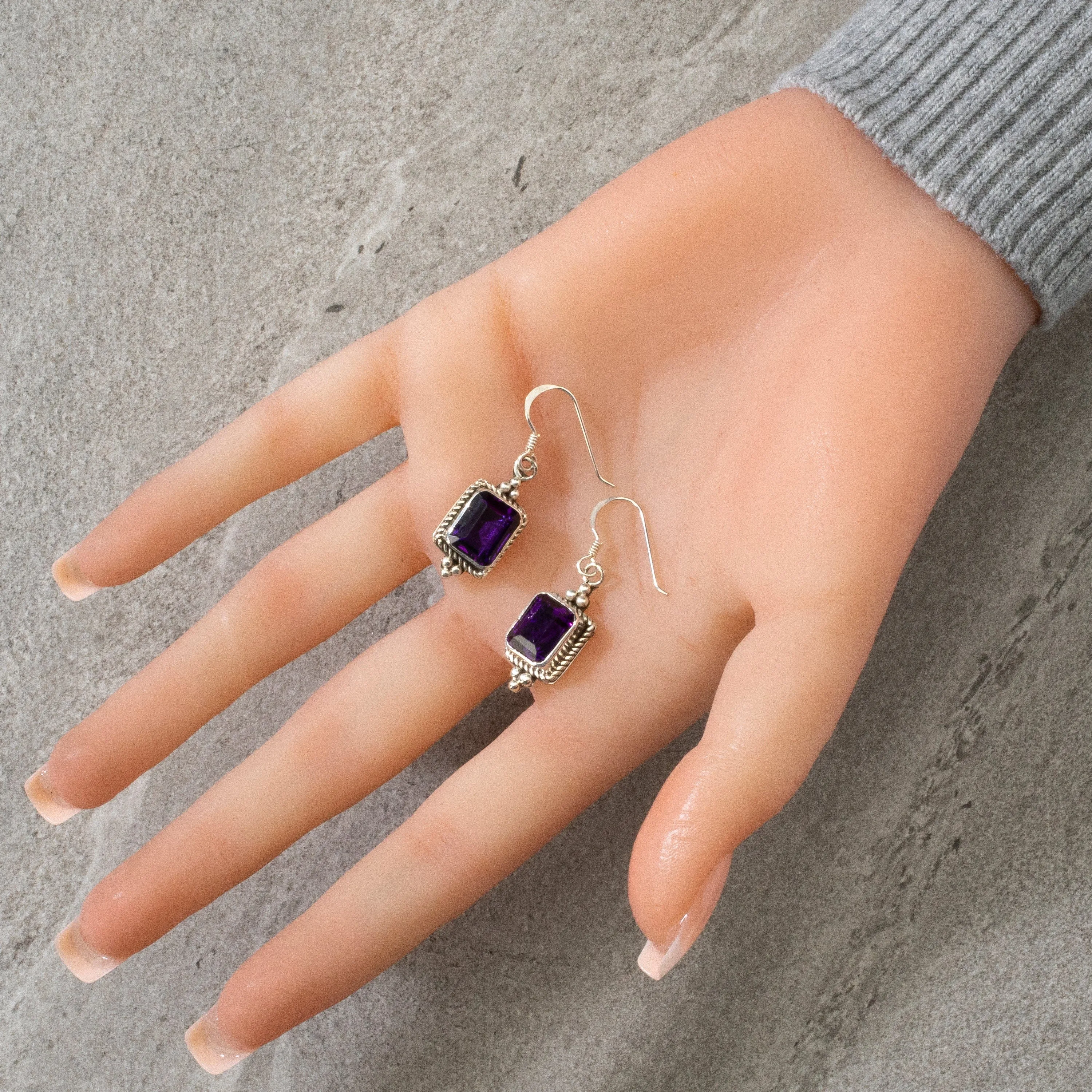 D. Touchine Amethyst Square Navajo USA Native American Made 925 Sterling Silver Earrings with French Hook