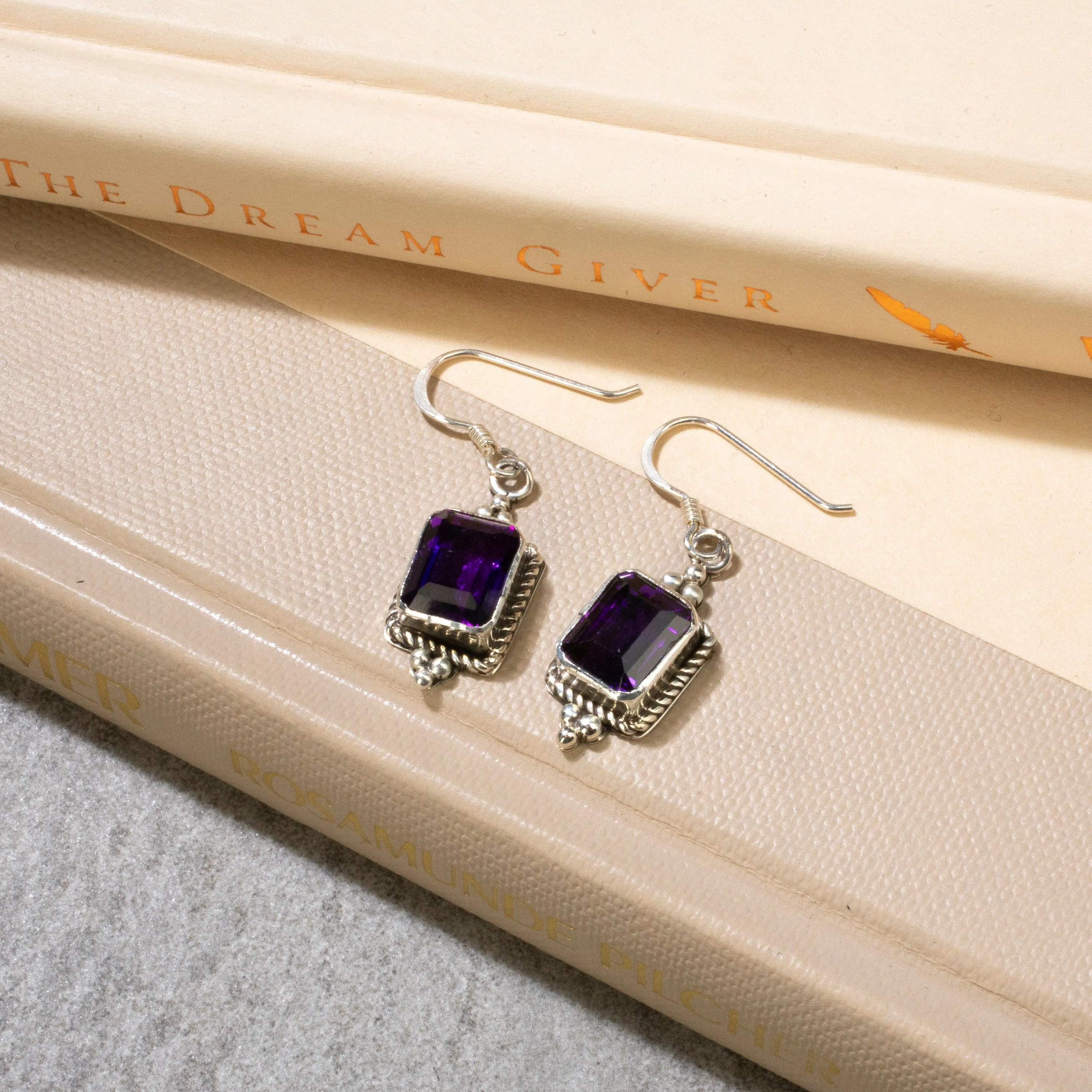 D. Touchine Amethyst Square Navajo USA Native American Made 925 Sterling Silver Earrings with French Hook