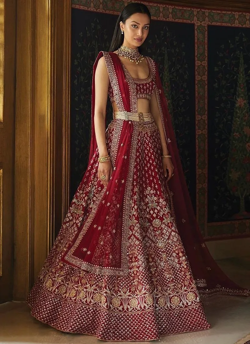 DARK-MAROON-TAFFETA-SILK-EMBRIDERED-LEHENGA