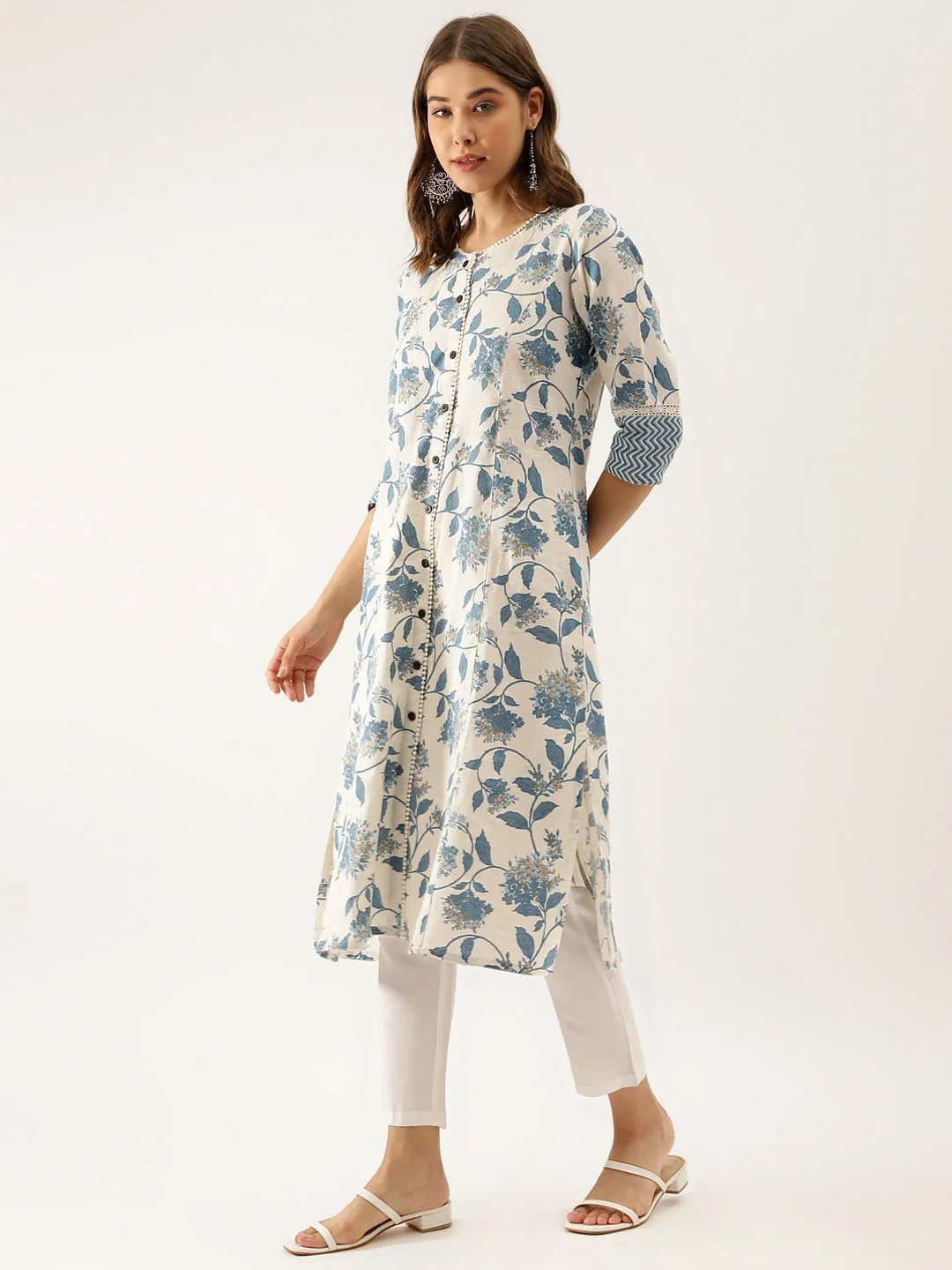 Divena Blue Floral Printed A-line Kurta