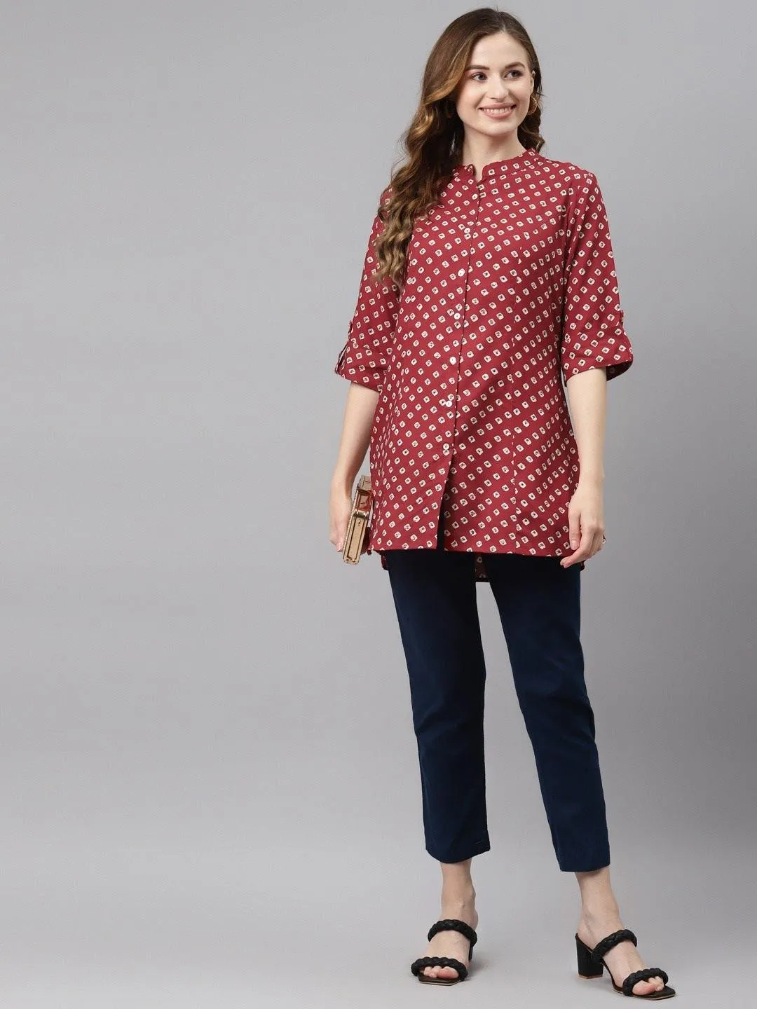 Divena Maroon Bandhani Print Shirt Style A-line Top