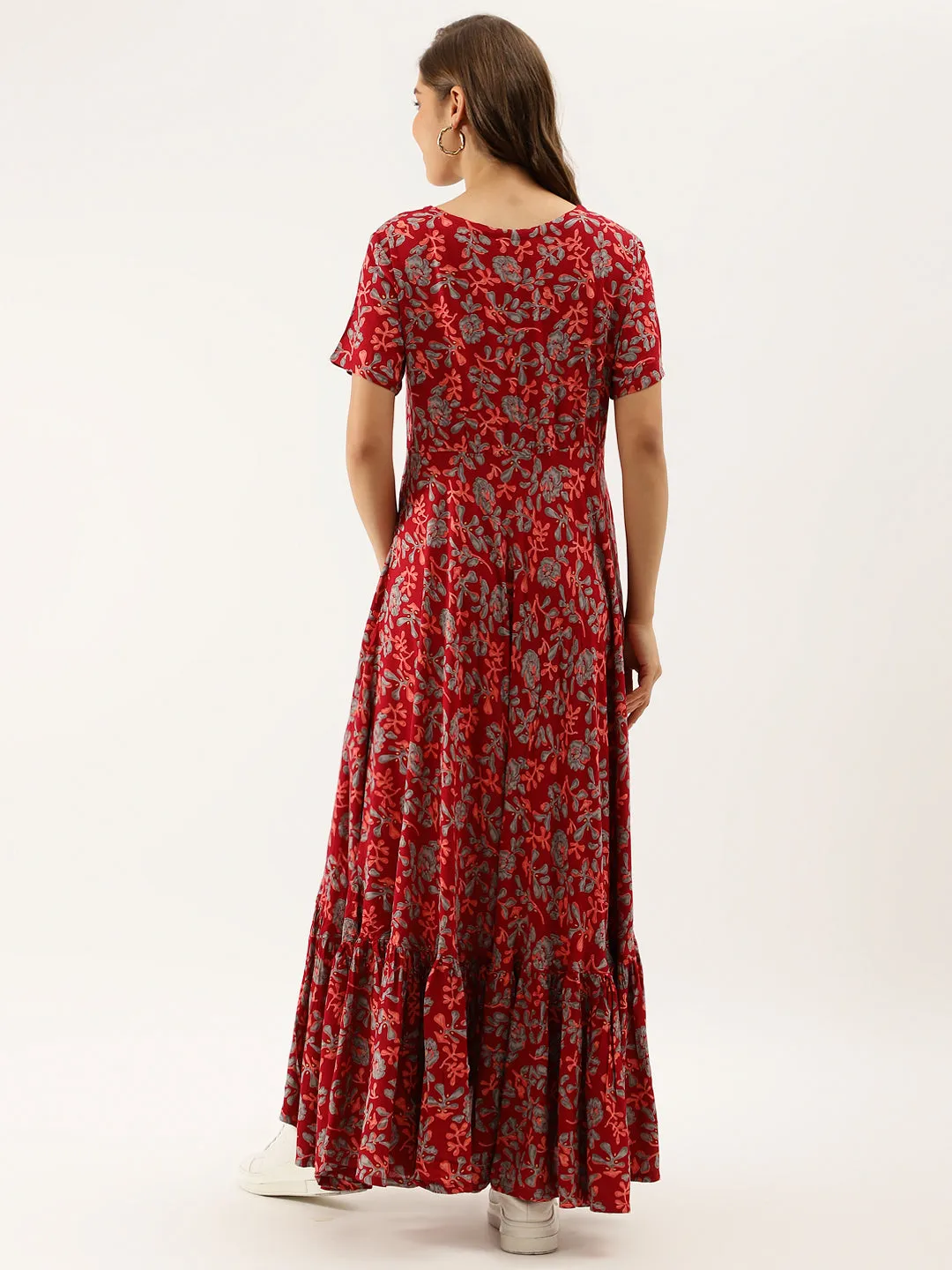 Divena Maroon Floral Printed Rayon Ethnic Dress for Women