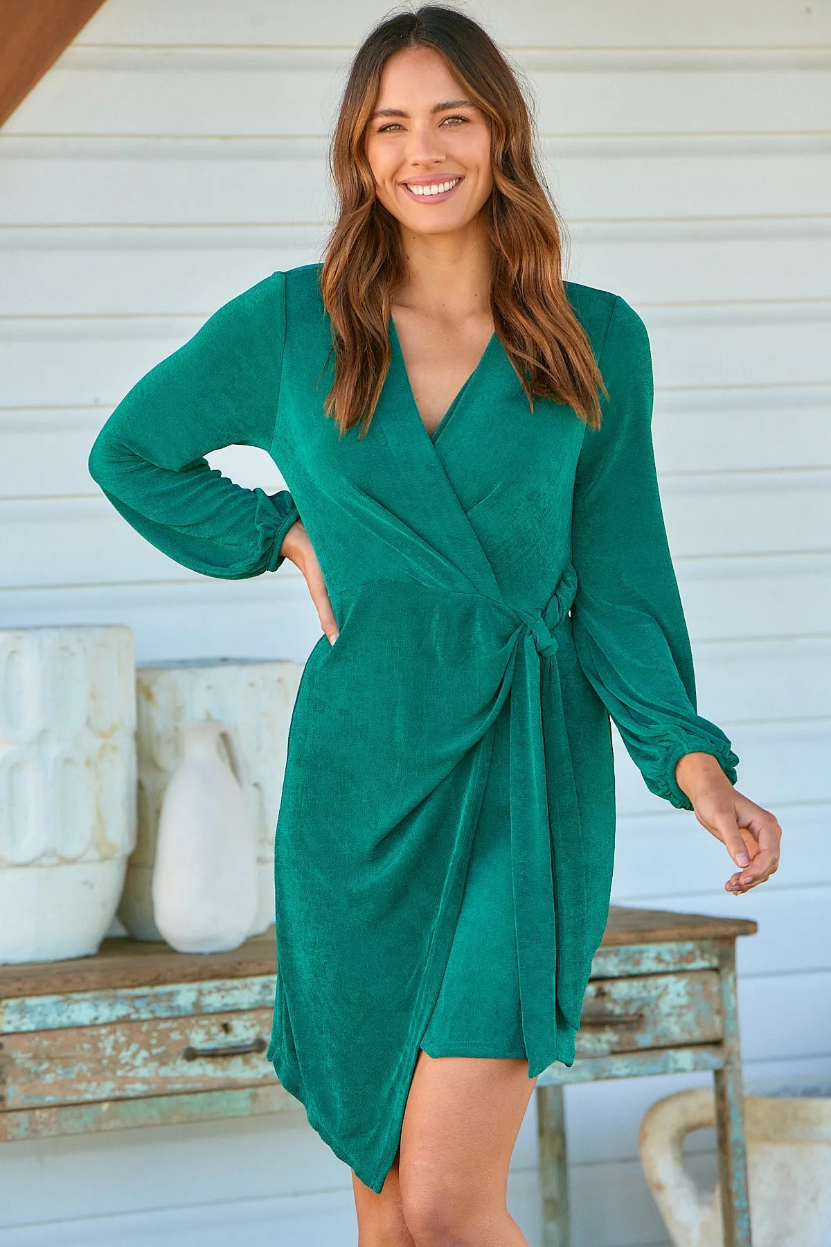 Domino Emerald Metallic Cross Over Tie Front Long Sleeve Dress