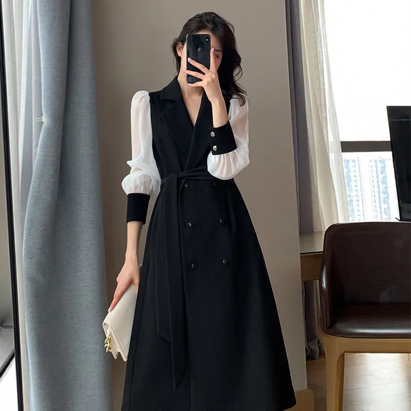 Double-Breasted Blazer Dress With Sheer Sleeves