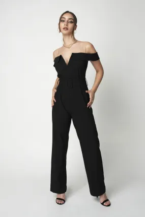 Double Second Black Off-shoulder Belted Shirt Jumpsuit