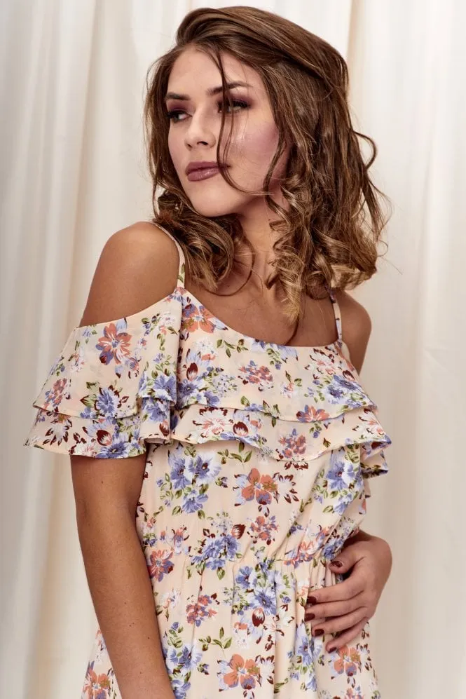 Double Second Printed Double Frill Off Shoulder Dress