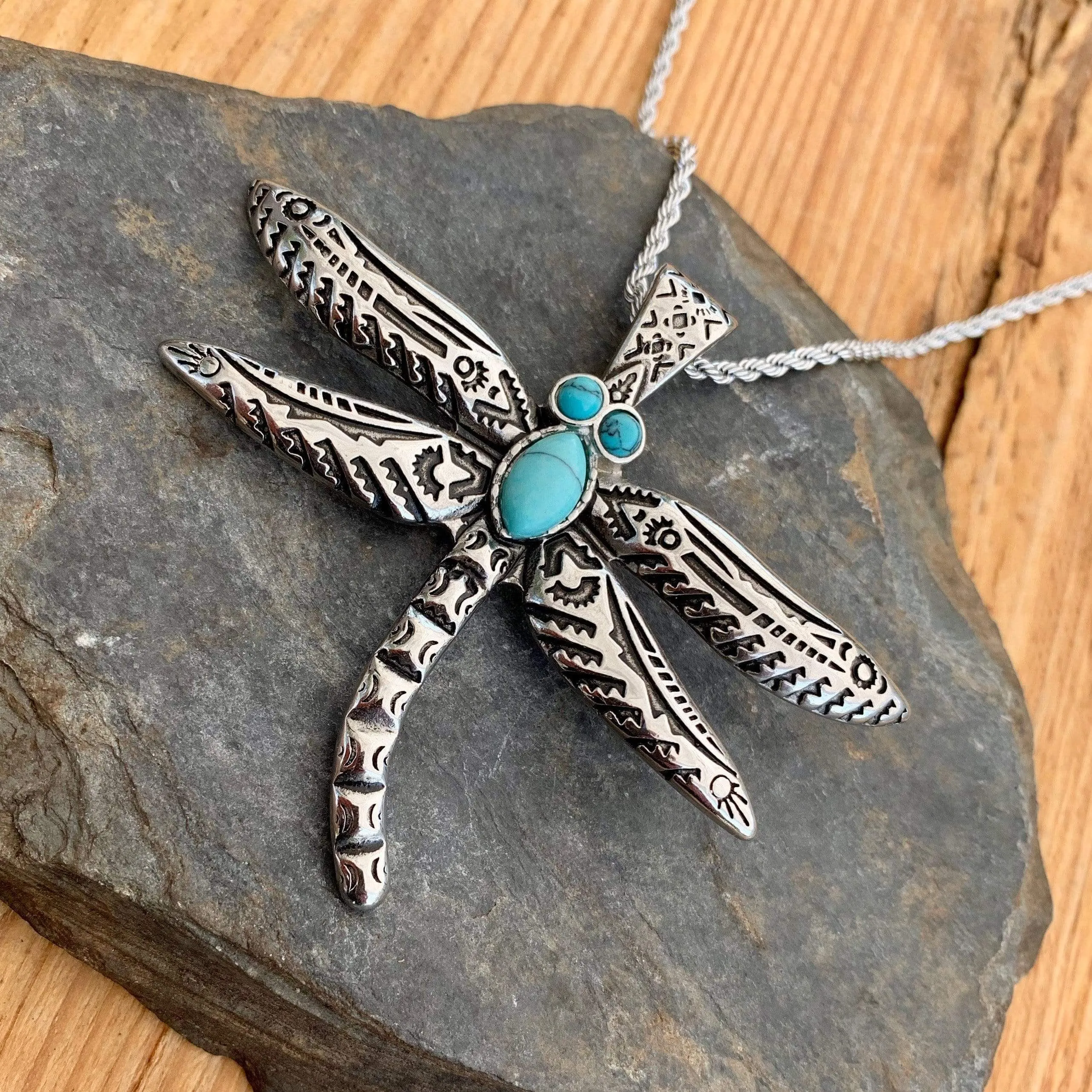 Dragonfly Turquoise Pendant - Rope Necklace or Omega - SK2530