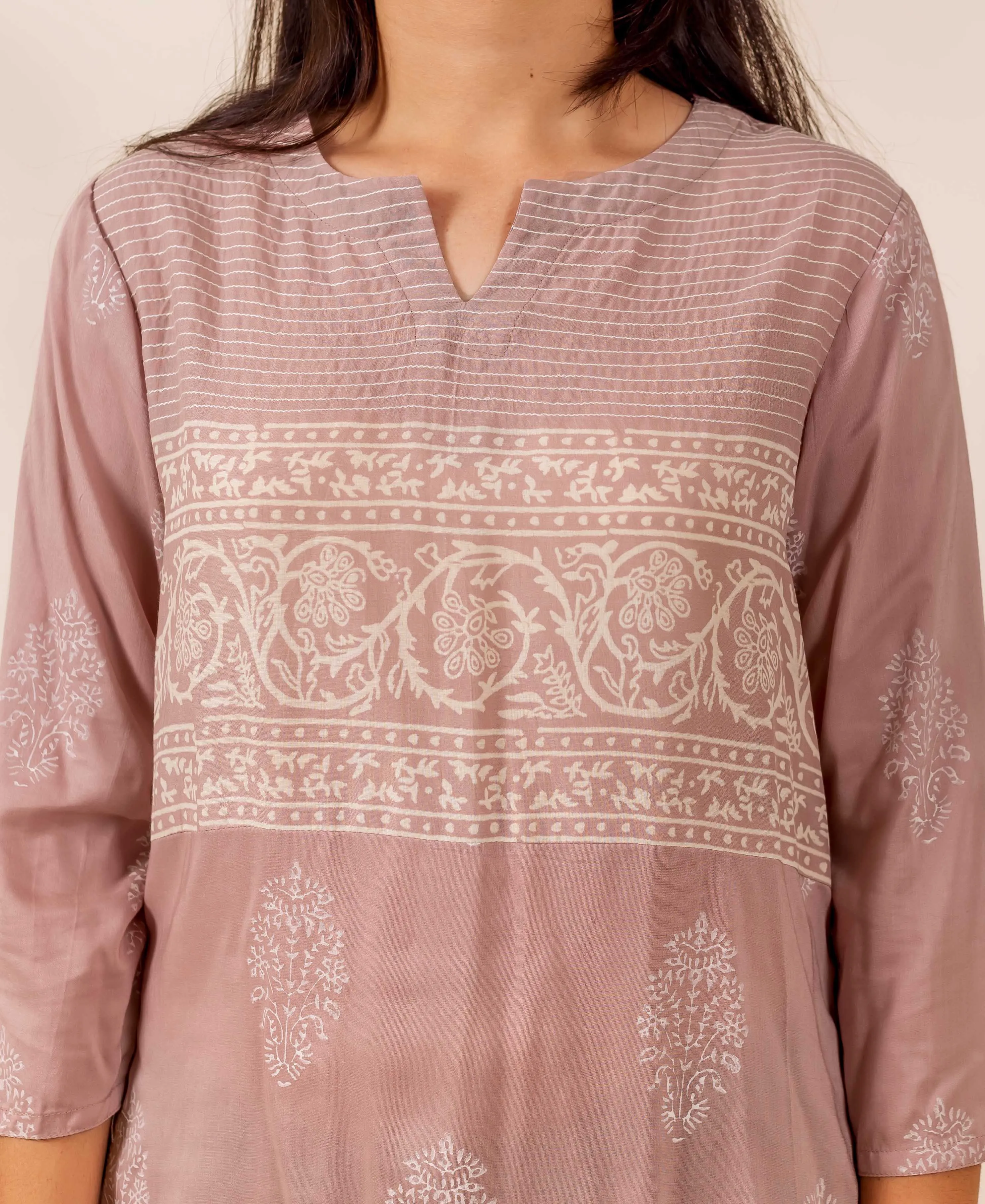 Dusty Pink Printed Top with Thread Work