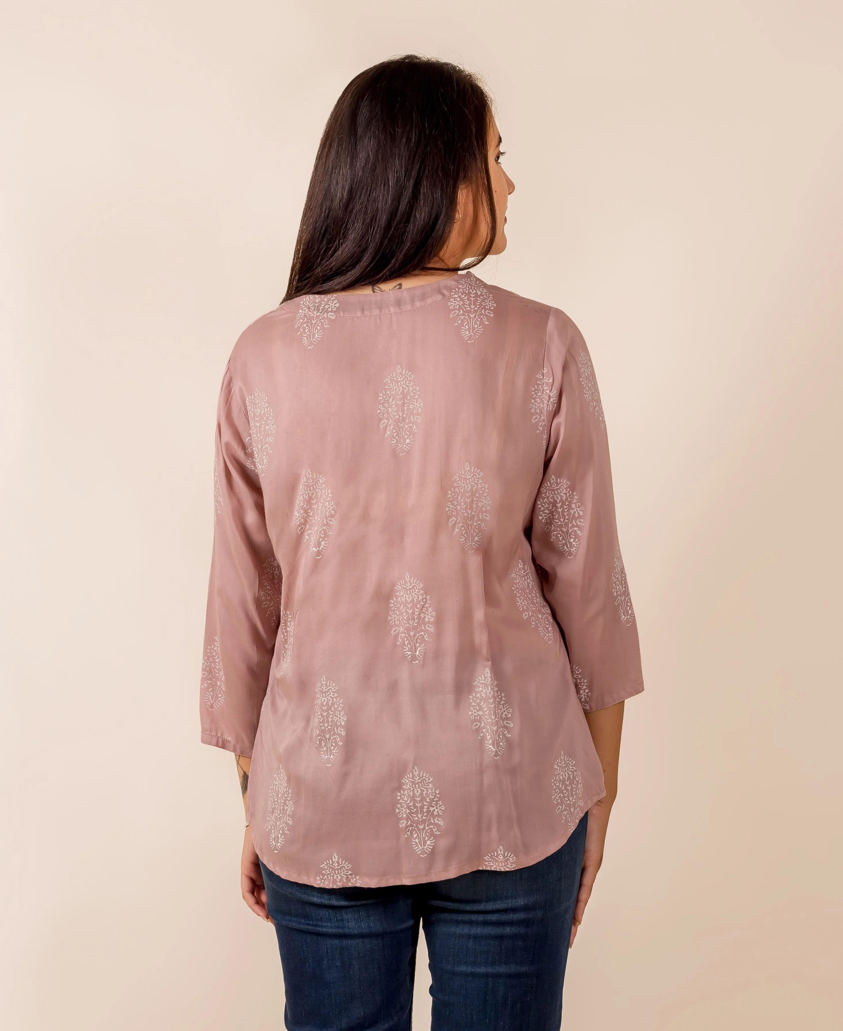 Dusty Pink Printed Top with Thread Work