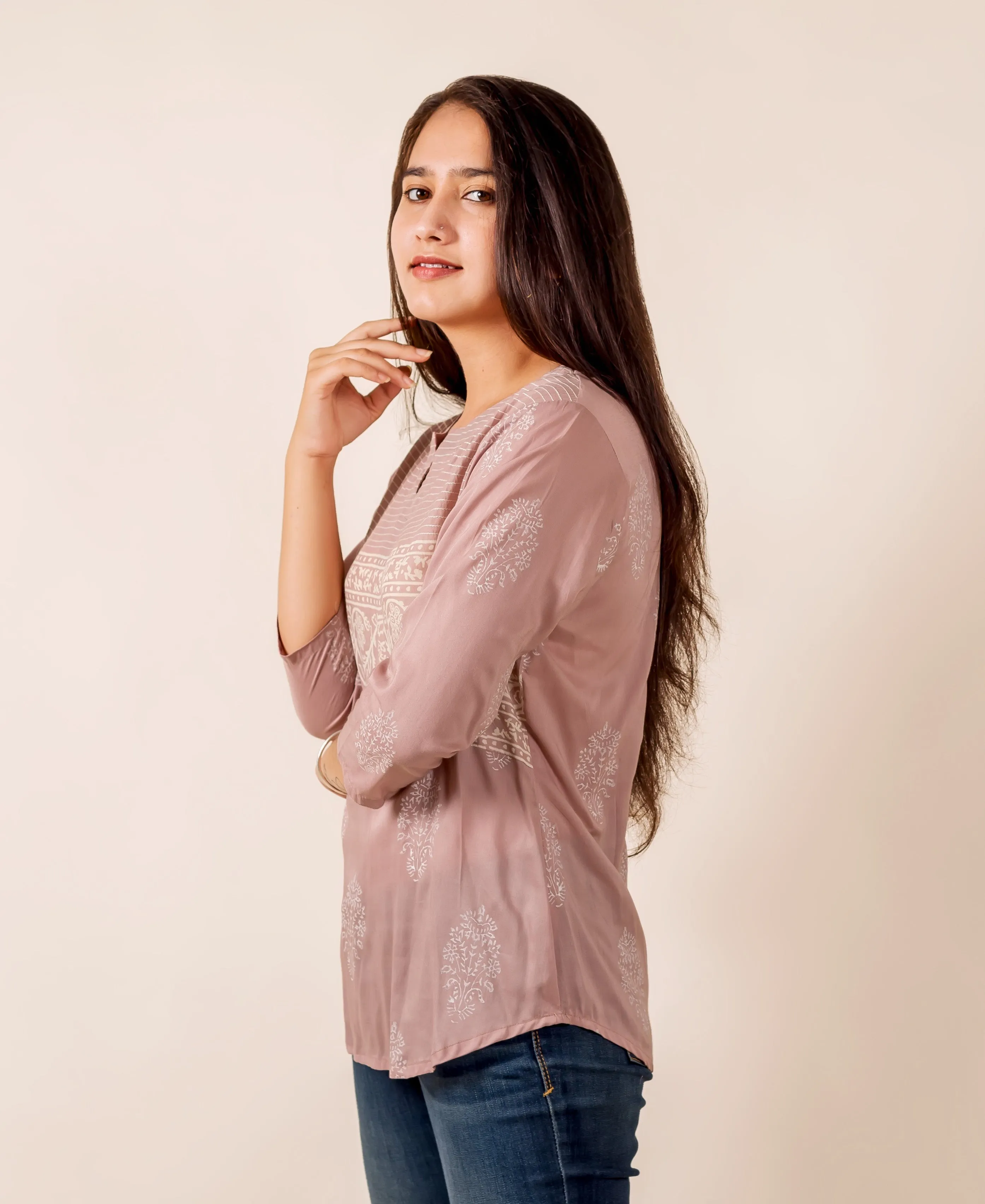 Dusty Pink Printed Top with Thread Work