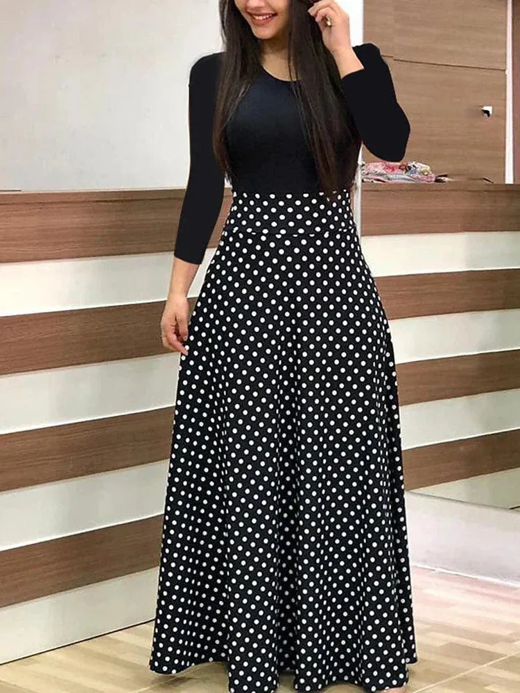 Elegant Black and White Floral Print Maxi Dress with Long Sleeves and Pockets