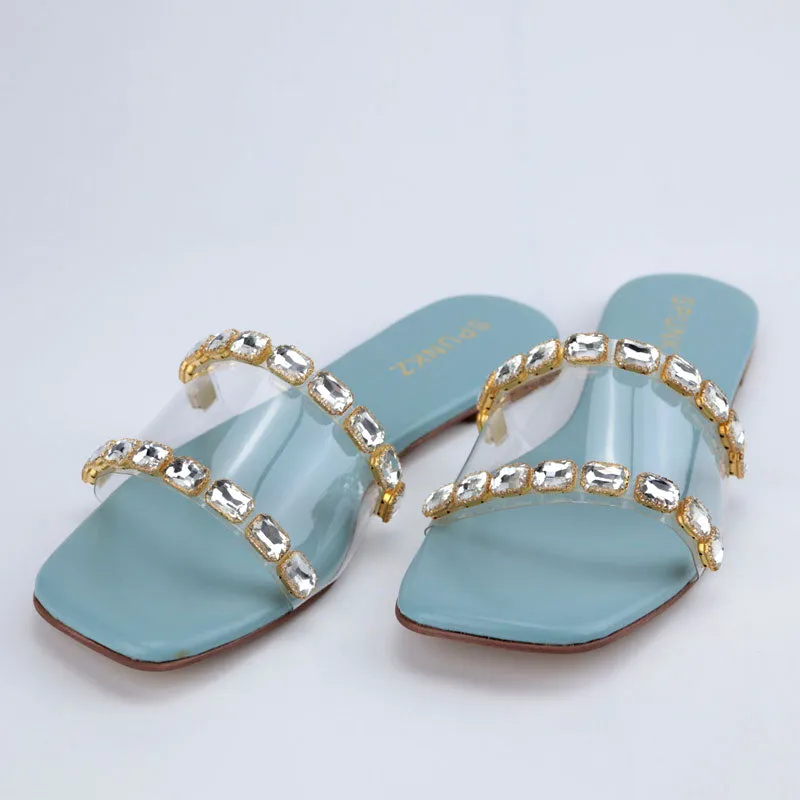 Elegant Stone Embellished Clear Strap Flat Sandals