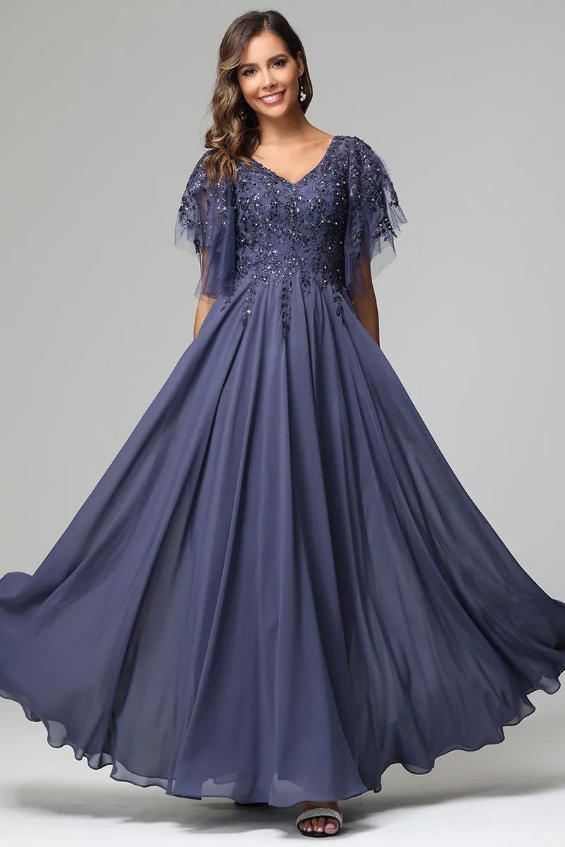 Elegant V-neck Short Sleeves Chiffon Appliqued Prom Dresses