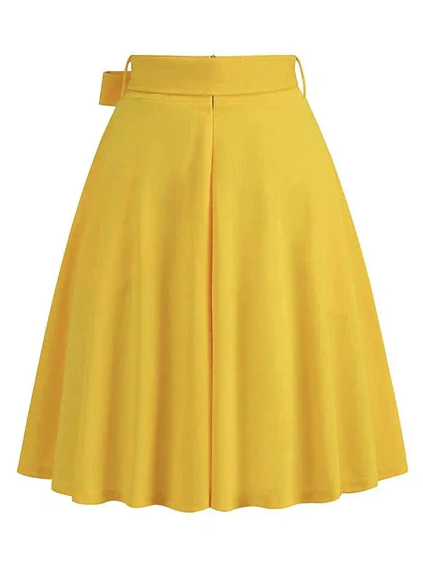 Elegant Vintage High Waist Swing Midi Skirt with Pockets and Belt