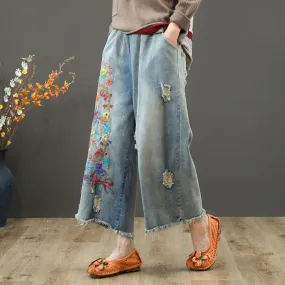 Embroidery Elastic Waist Ragged Jeans