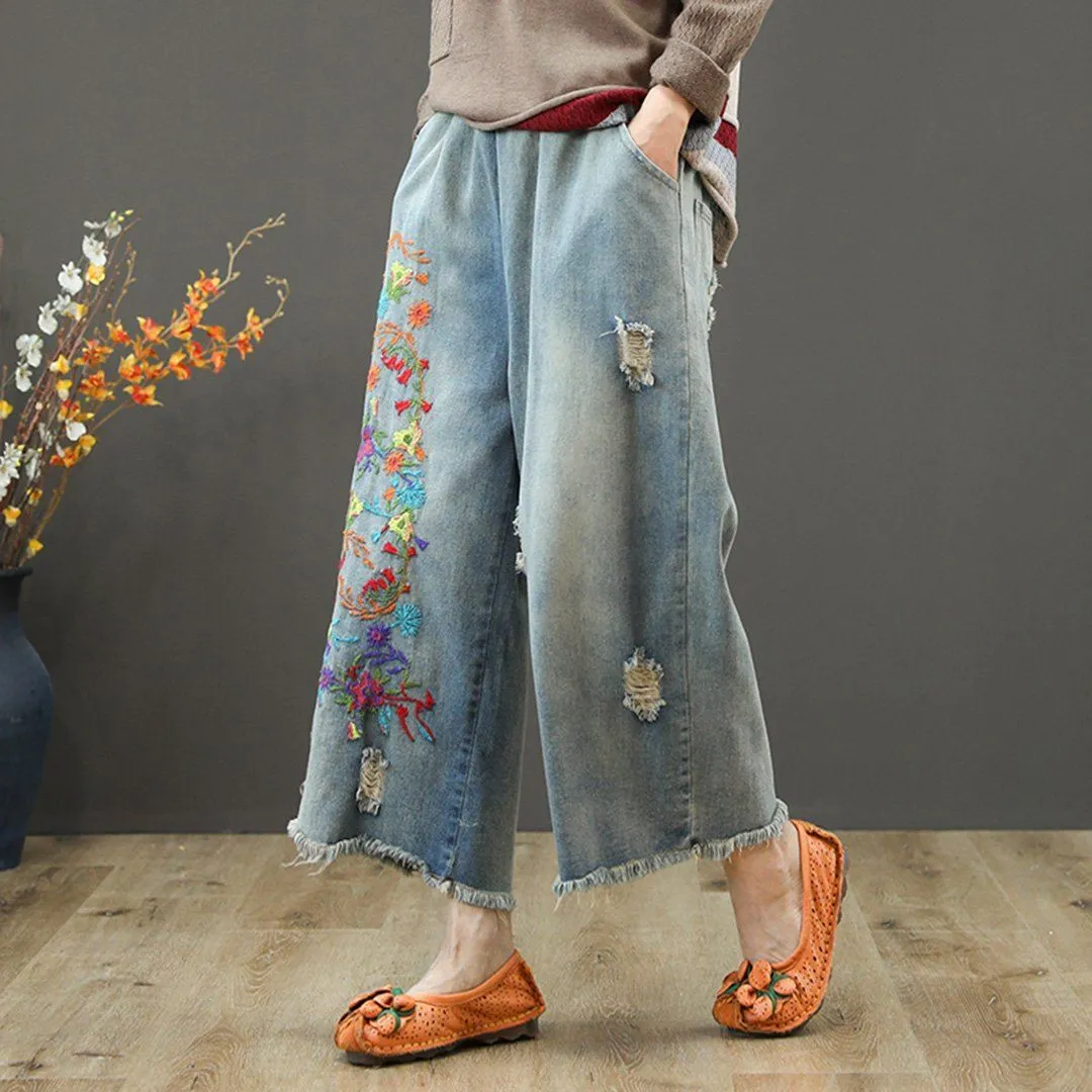 Embroidery Elastic Waist Ragged Jeans