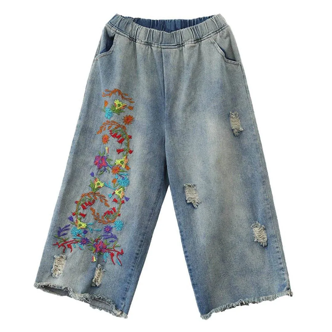 Embroidery Elastic Waist Ragged Jeans