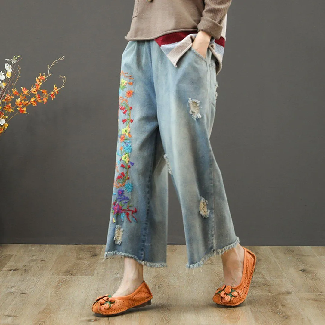 Embroidery Elastic Waist Ragged Jeans