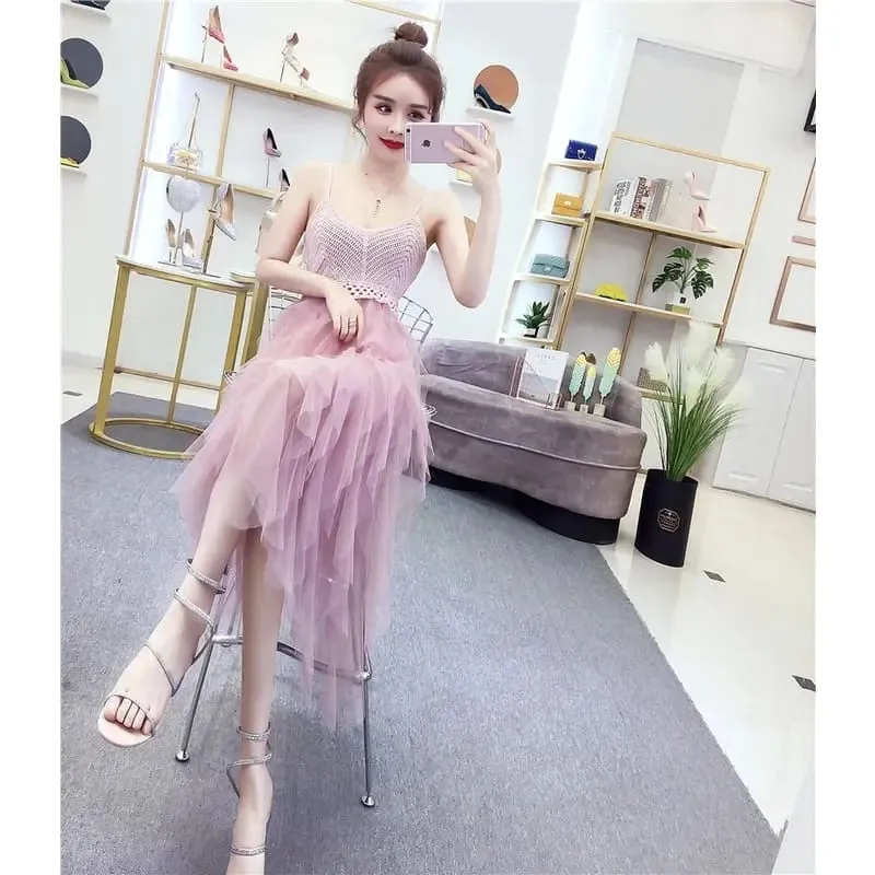 Fairy Irregular Net Yarn Sling Mini Dress