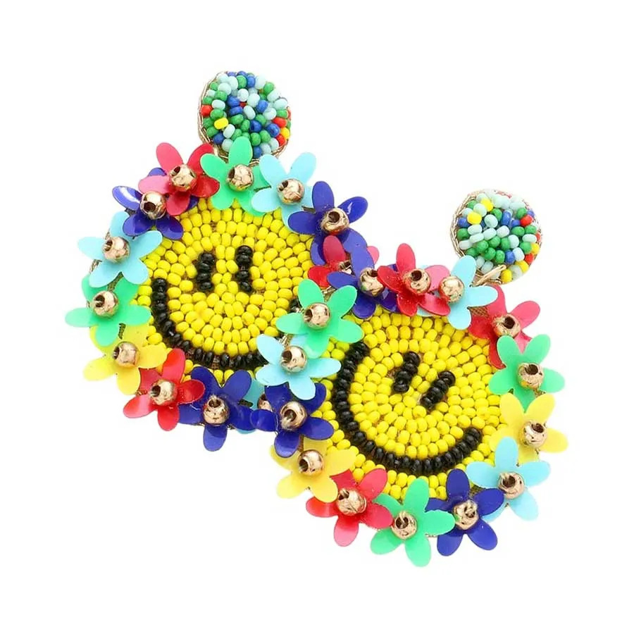 Felt Back Floral Seed Beaded Smile Dangle Earrings