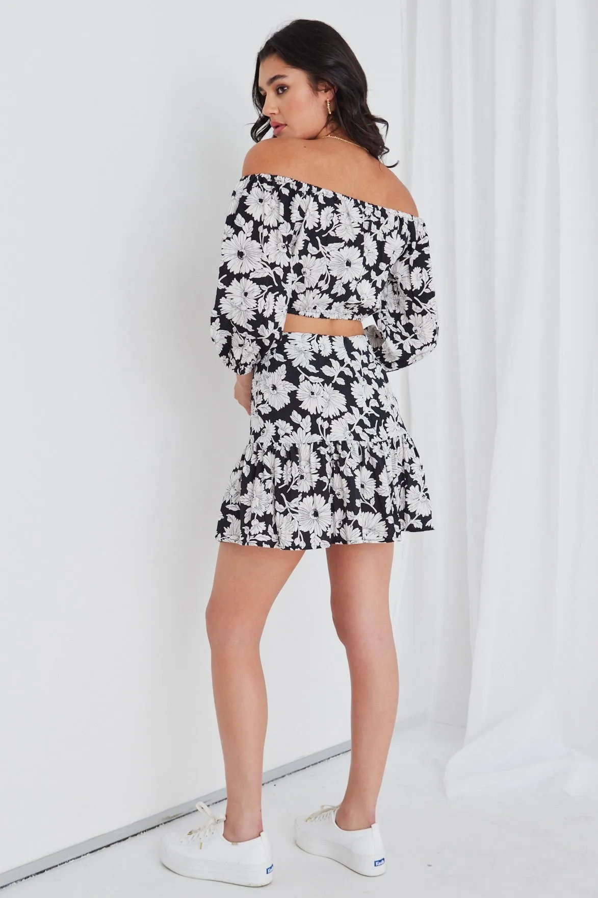 Flicker Floral Silhouette Tiered Mini Skirt