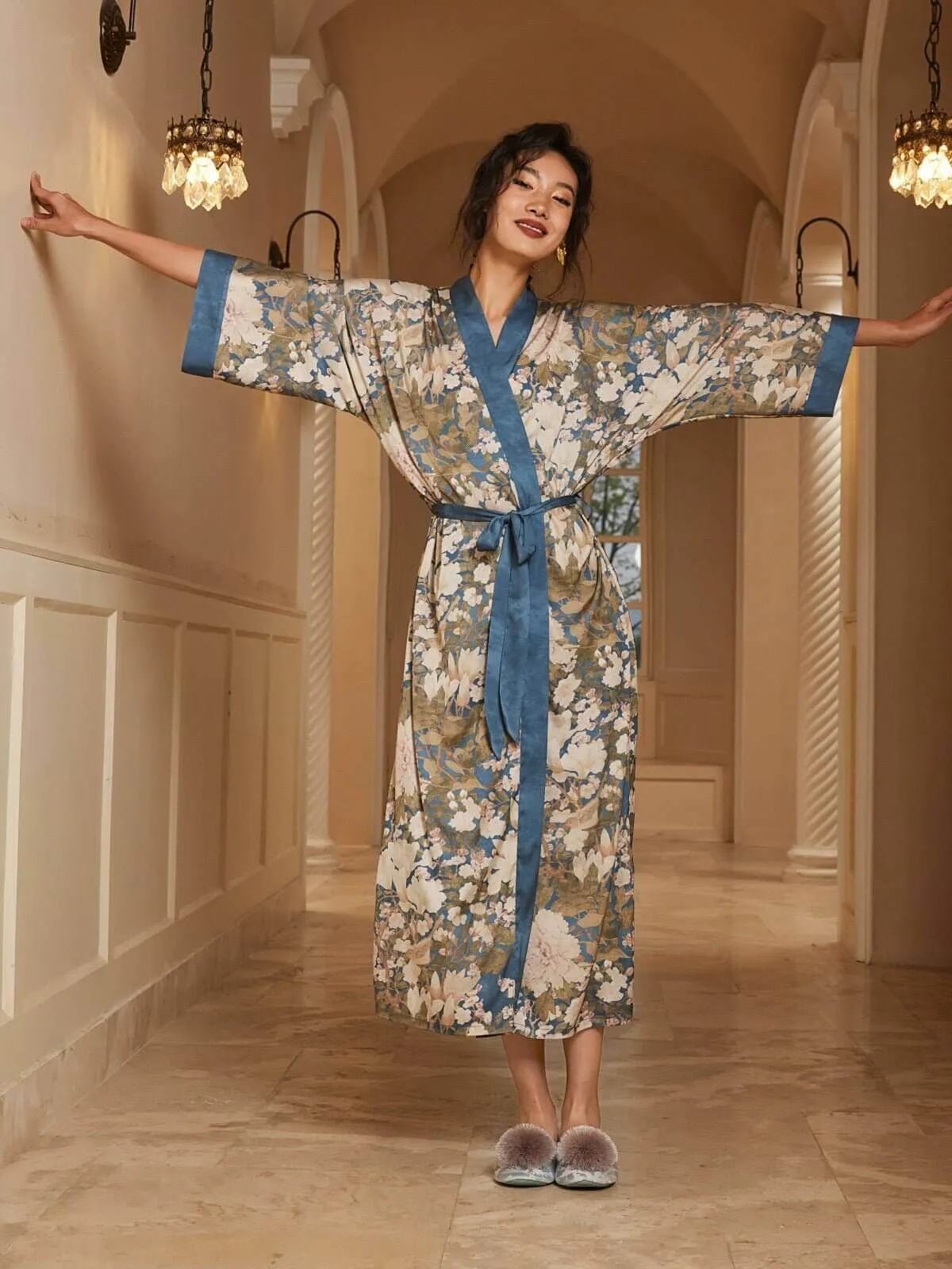 Floral Blue Kimono Robe