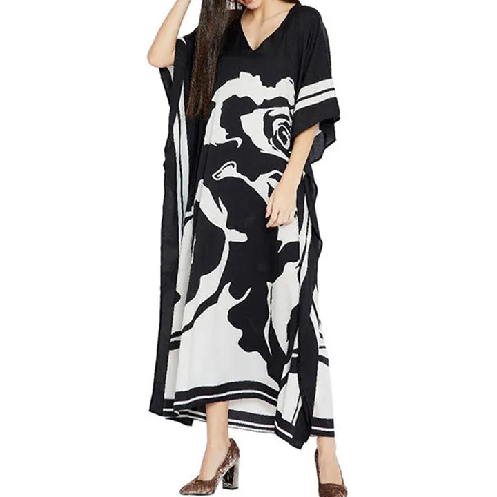 Floral Ink Black & White Silk Kaftan KAF0037