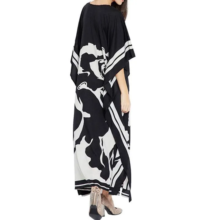 Floral Ink Black & White Silk Kaftan KAF0037