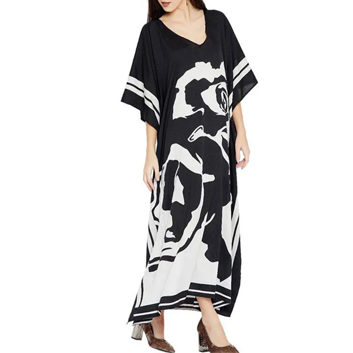 Floral Ink Black & White Silk Kaftan KAF0037