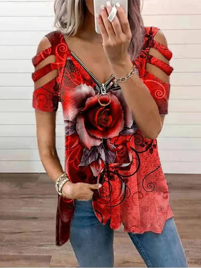 Floral Print Off-Shoulder Short Sleeve Top with V-Neck Zipper