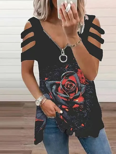 Floral Print Off-Shoulder Short Sleeve Top with V-Neck Zipper