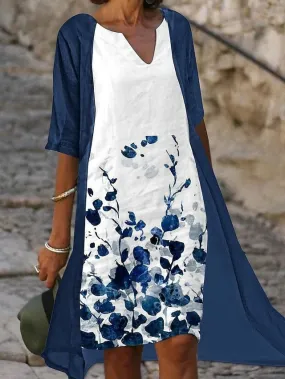 Floral Print Two Piece Blue Midi Dress with Half Sleeves