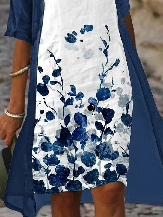 Floral Print Two Piece Blue Midi Dress with Half Sleeves